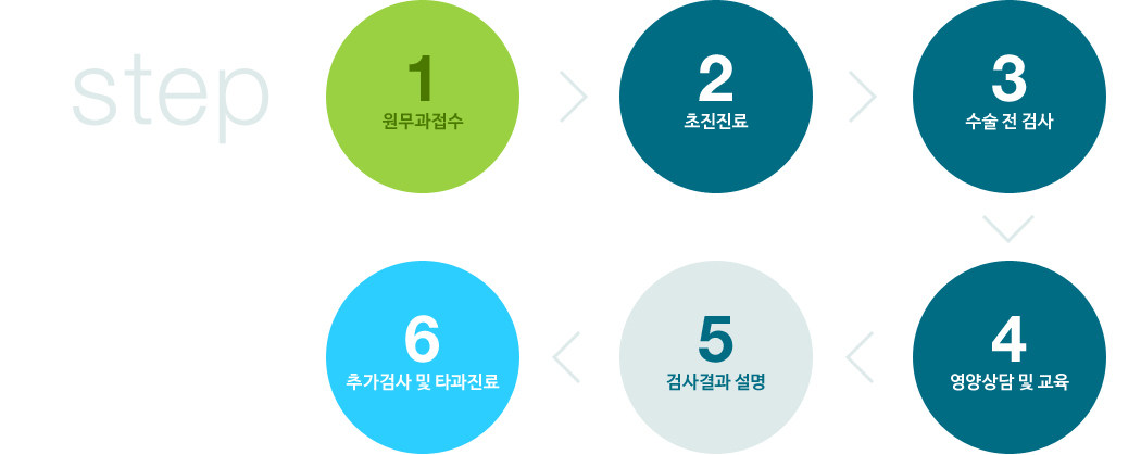 진료안내 step: 1. 원무과 접수 > 2. 초진진료 > 3. 수술 전 검사 > 4. 영양상담 및 교육 > 5. 검사결과 설명 > 6. 추가검사 및 타과진료